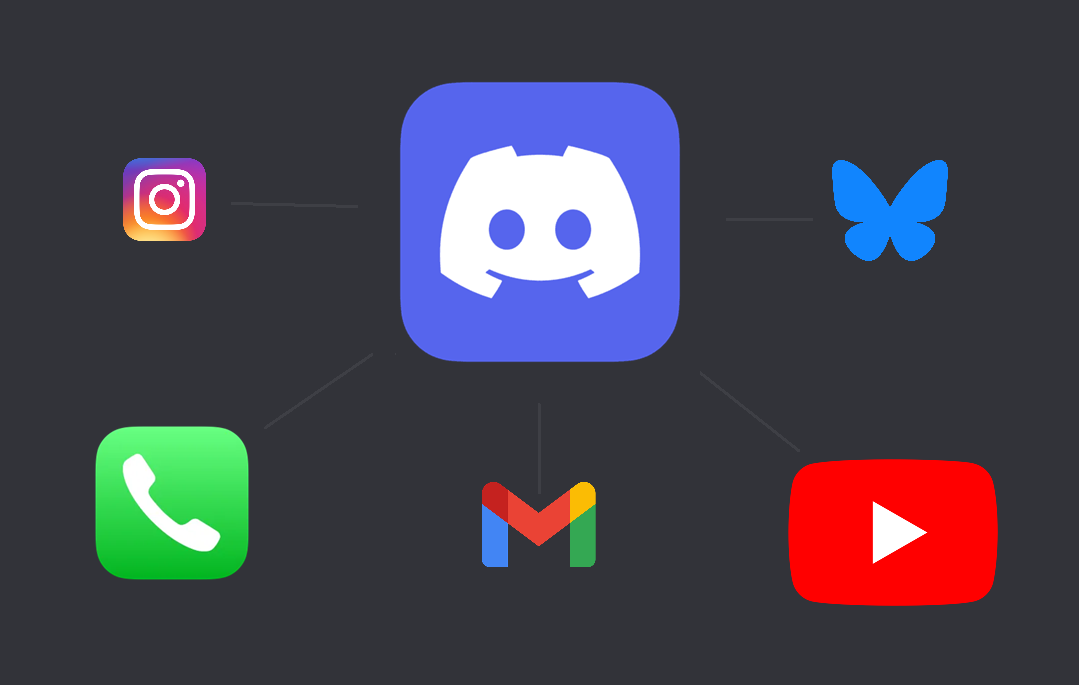 various social media logos connected by little threads with Discord at the center